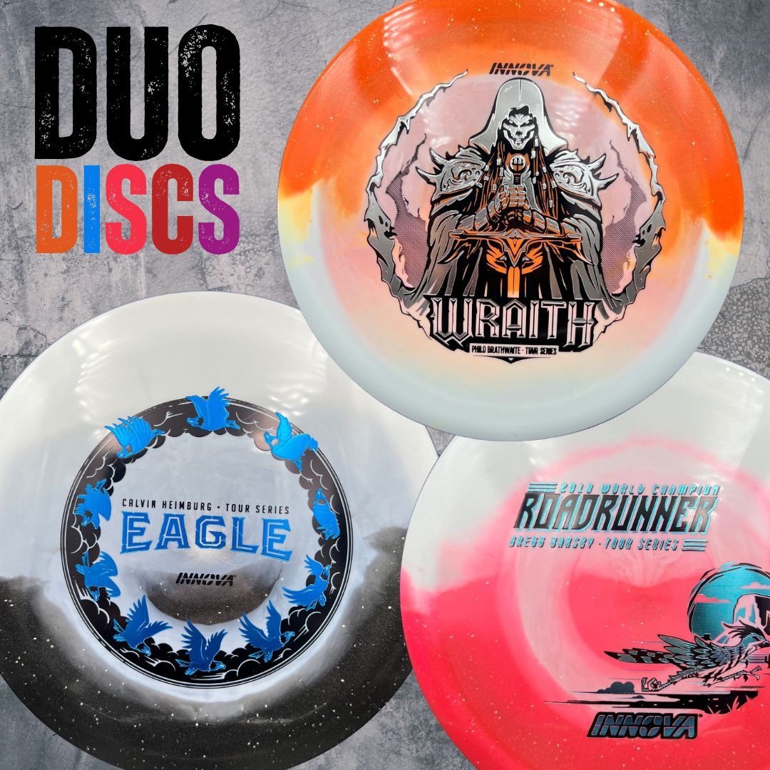 Innova DUO split-plastic discs at Out of Bounds Disc Golf in Cibolo TX. Shop Calvin Heimburg Duo Destroyer molds.