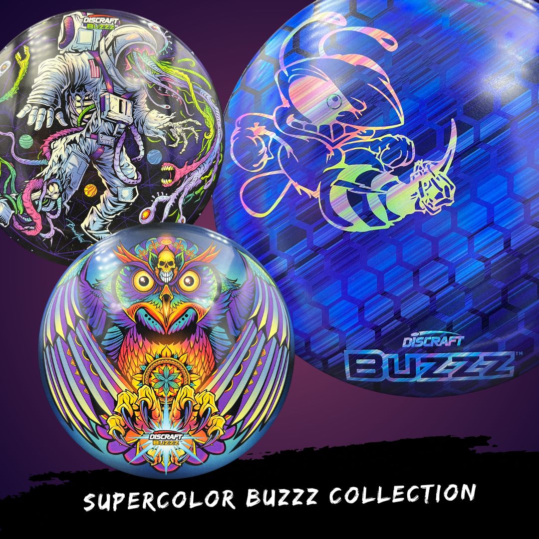 Discraft SuperColor Buzzz disc golf collection featuring vibrant full-color artwork