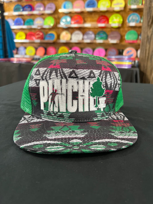 Pinche Arbol Disc Golf Hat Multi-Color Silver Green Color Logo (Crown)