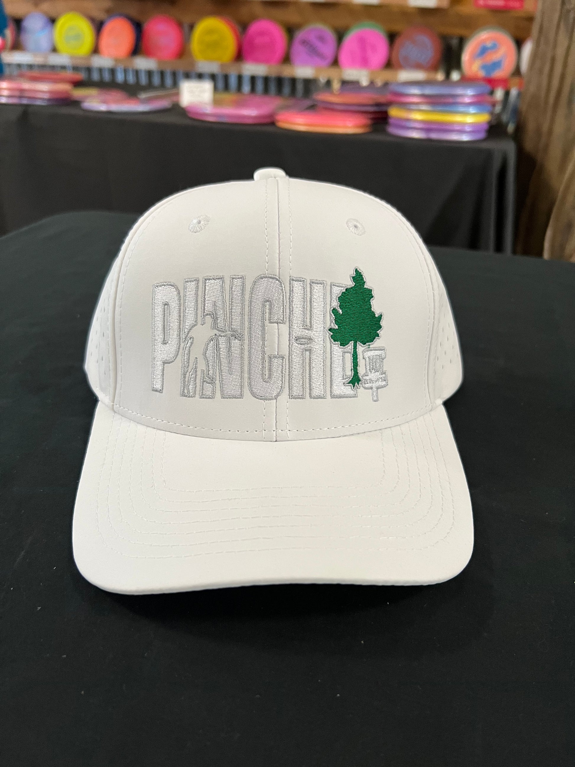 Pinche Arbol Disc Golf Hat White Silver Green Color Logo (Dallas Hat Co)