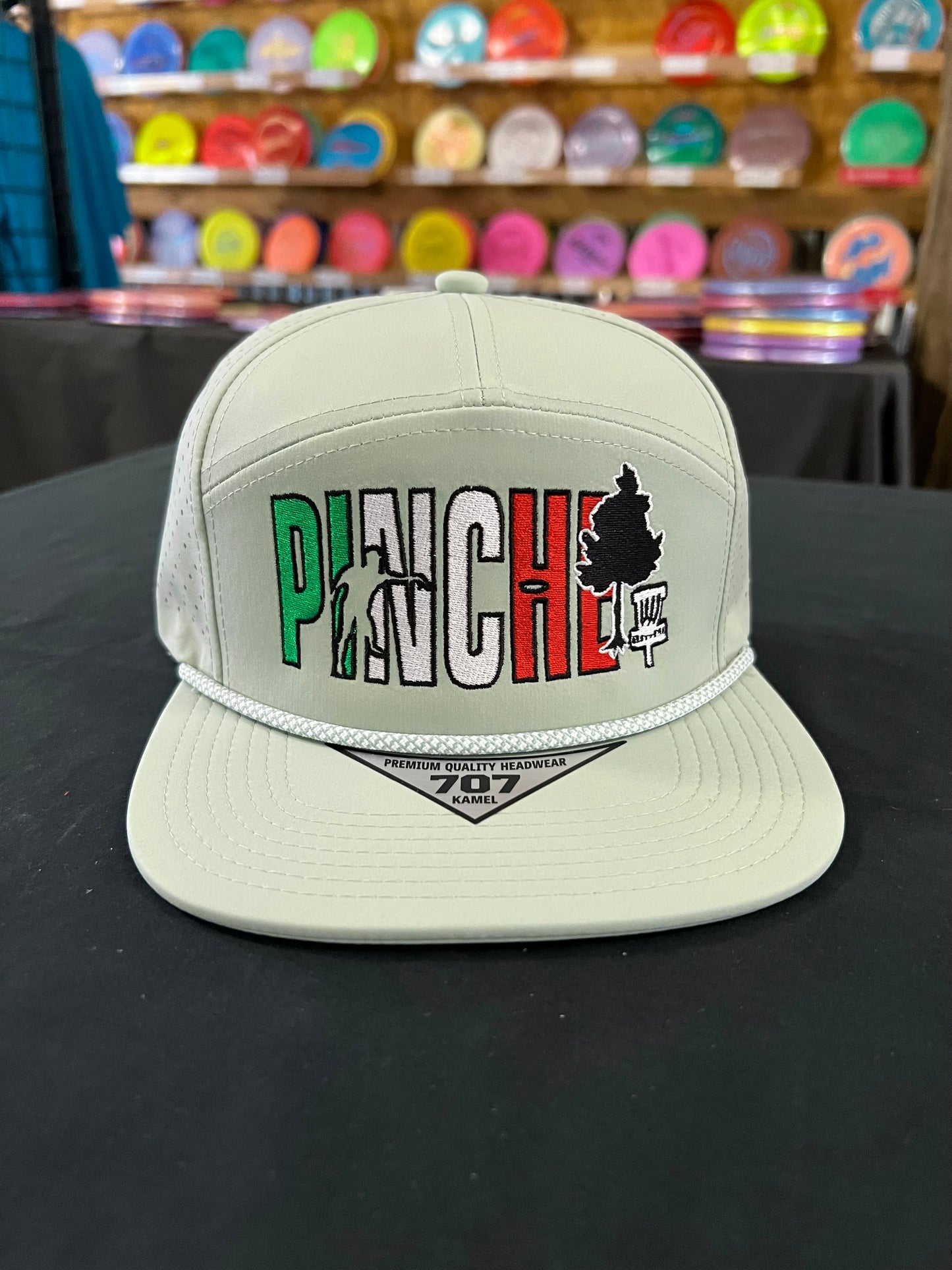 Pinche Arbol Disc Golf Hat Light Green Mexican Flag Color Logo (Kamel 707)
