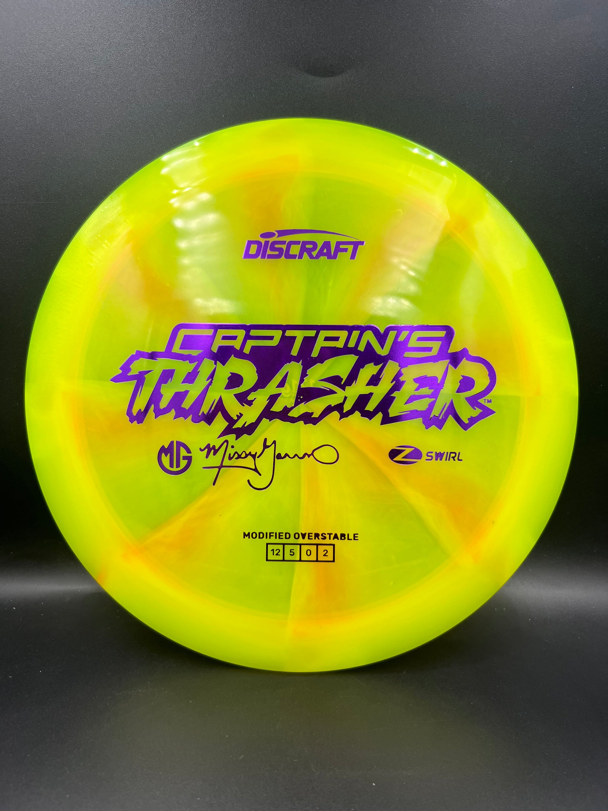 Discraft 2026 Missy Gannon Z-Swirl Captain’s Thrasher Yellow Purple Stamp - 171g