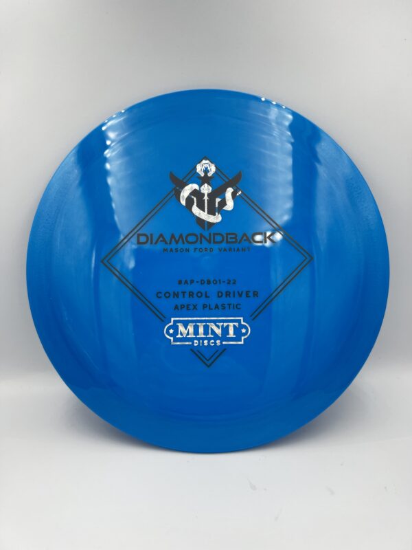 Mint Discs Mason Ford Diamondback in blue Apex plastic with a silver and black stamp.